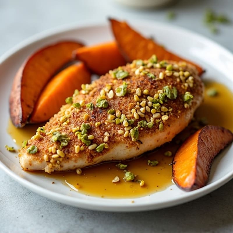 Crispy Pistachio-Crusted Chicken with Honey-Cinnamon Glaze and Roasted Sweet Potato Wedges