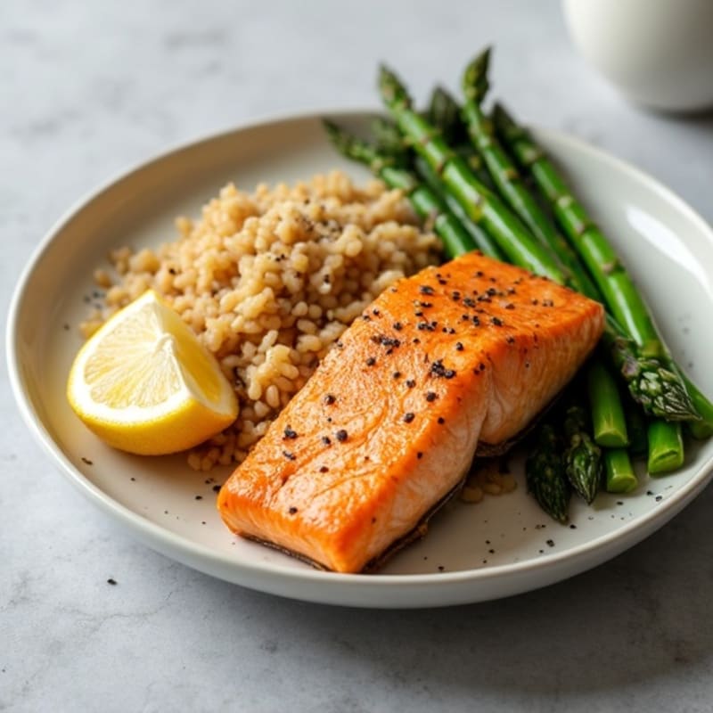 Seared Salmon with Steamed Asparagus and Brown Rice