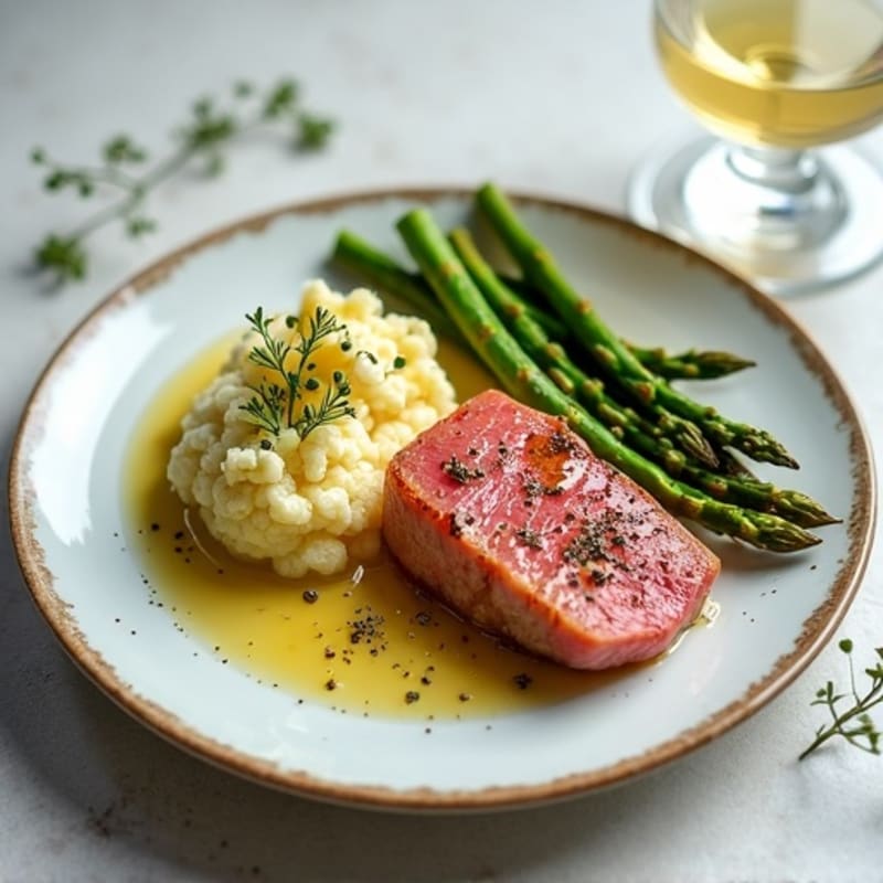 Seared Tuna Steak with Roasted Asparagus and Cauliflower Mash