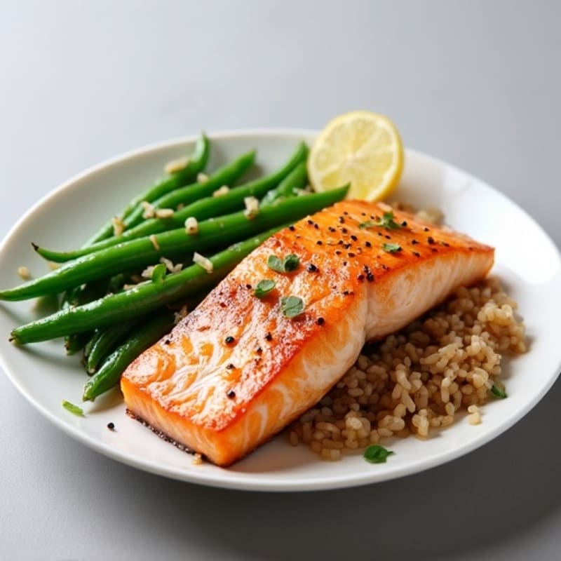 Seared Salmon Fillet with Steamed Green Beans and Brown Rice