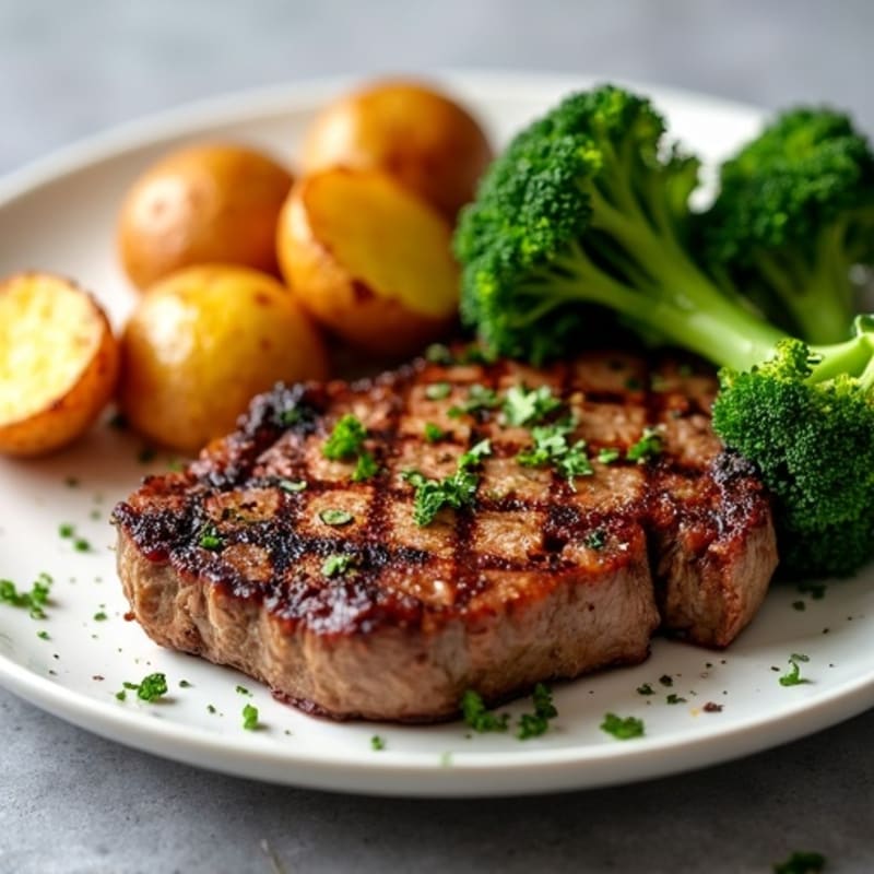 Seared Eye Fillet Steak with Crispy Potatoes and Steamed Broccoli