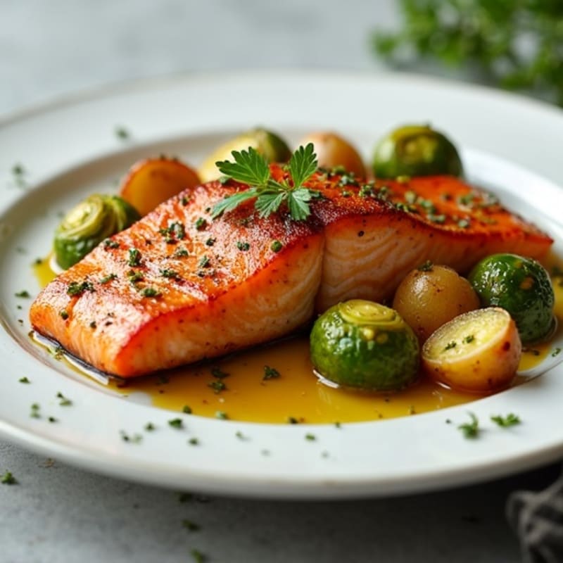 Pan-Seared Salmon with Crispy Brussel Sprouts and Herb Potatoes