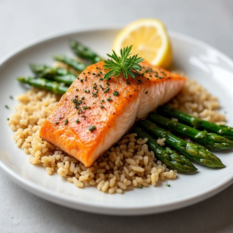 Seared Salmon with Steamed Asparagus and Brown Rice