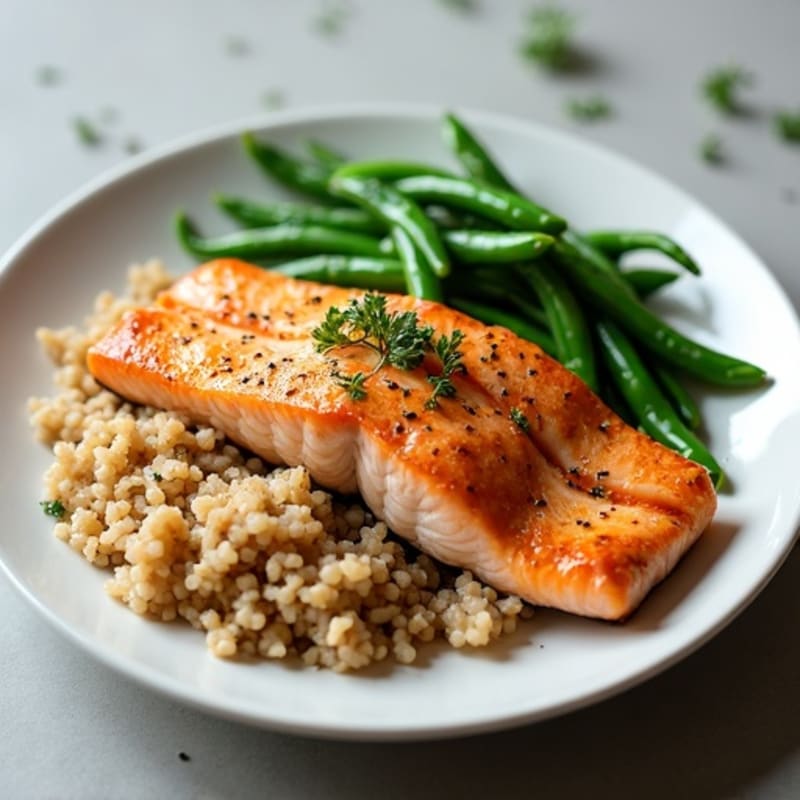 Seared Salmon Fillet with Steamed Green Beans and Brown Rice