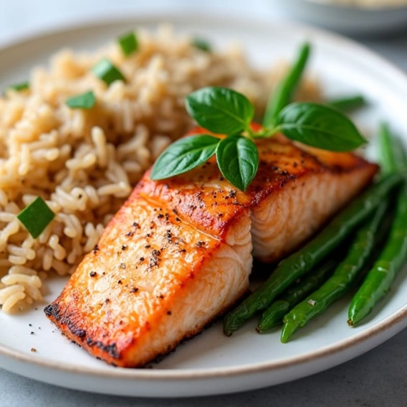 Seared Salmon with Steamed Green Beans and Brown Rice