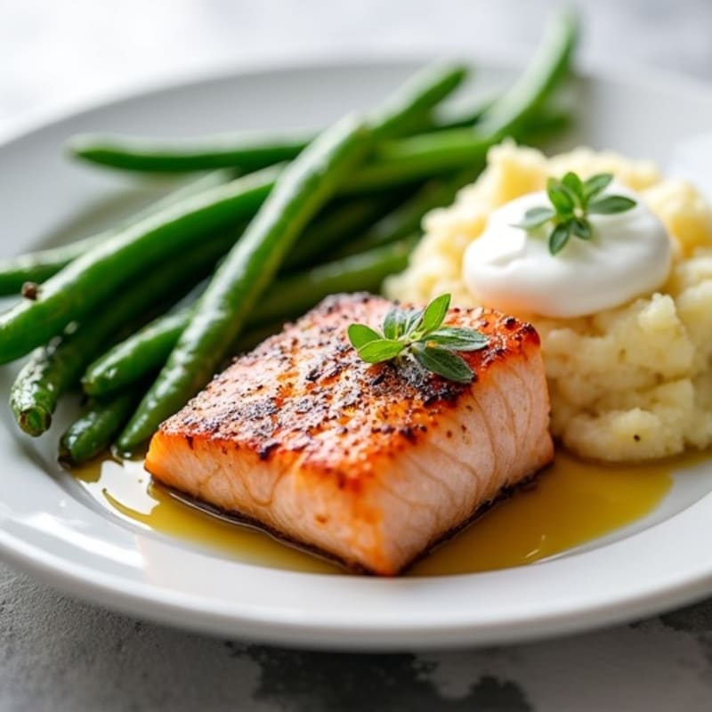Seared Salmon with Steamed Green Beans and Garlic Mashed Potatoes