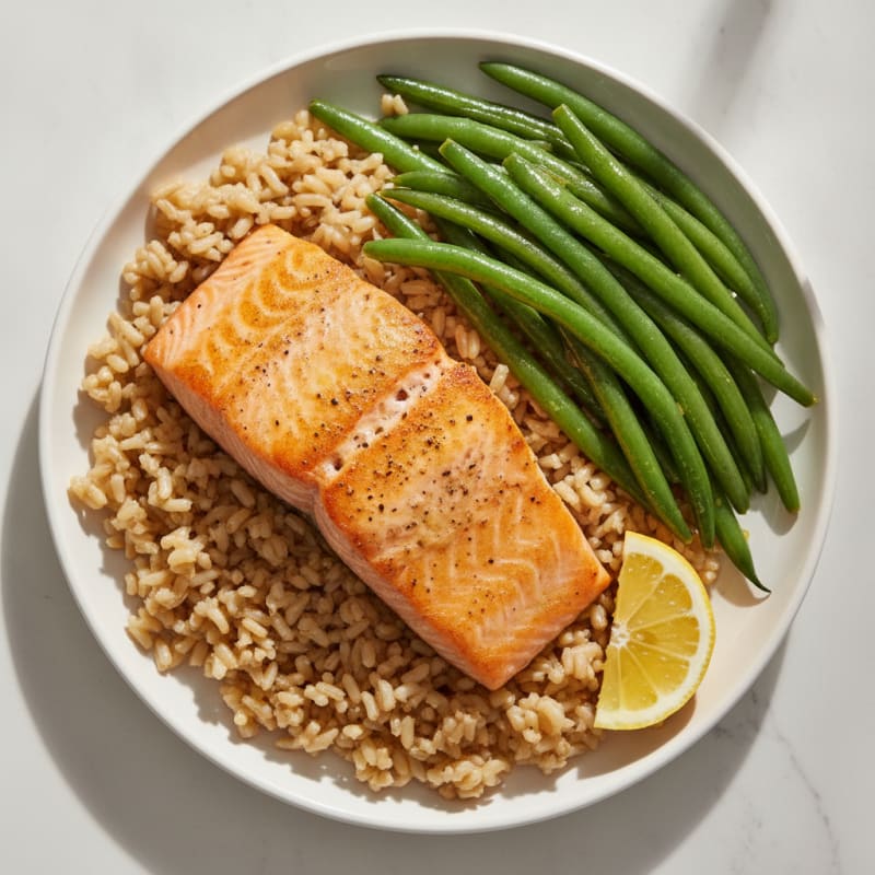 Seared Salmon with Steamed Green Beans and Garlic Brown Rice