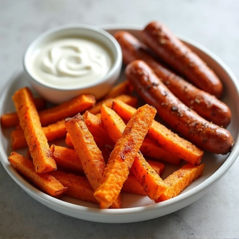 Crispy Baked Cinnamon Sweet Potato Fries with Turkey Sausage and Greek Yogurt Dip