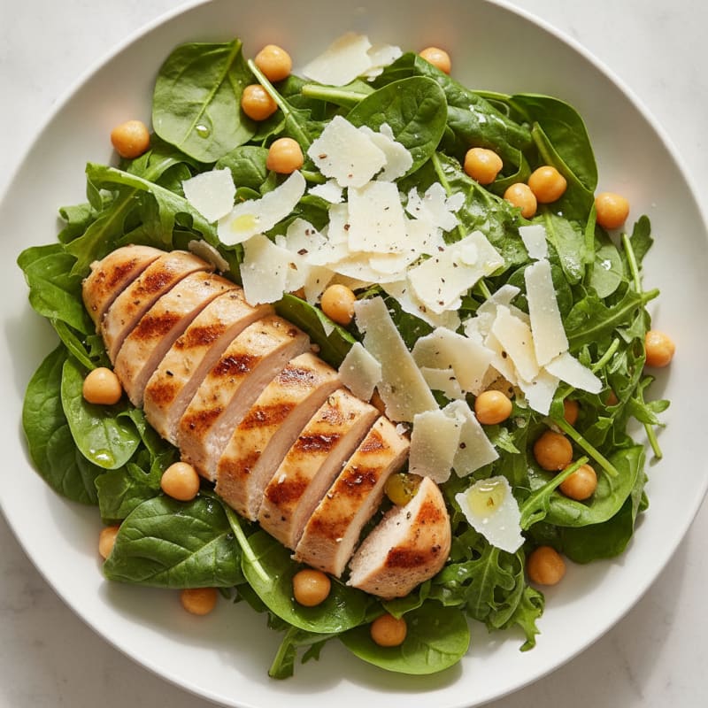 Grilled Chicken Salad with Mixed Greens, Chickpeas, and Shaved Parmesan