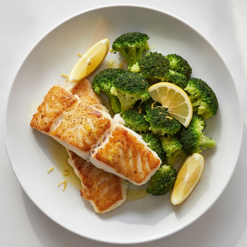 Seared Cod with Steamed Broccoli and Lemon