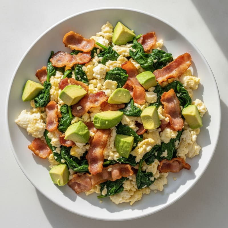 Crispy Turkey Bacon and Egg White Scramble with Sautéed Spinach