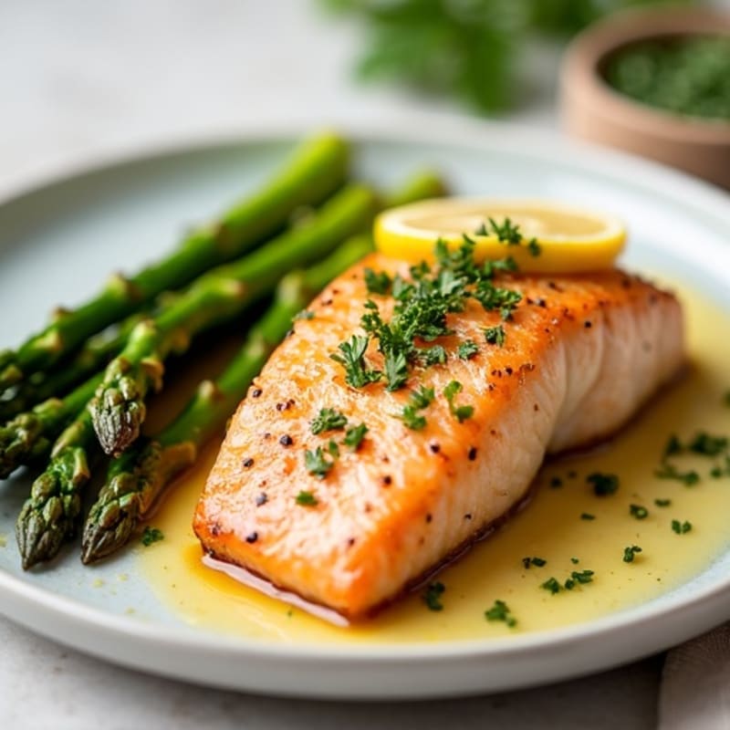 Flaky Pan-Seared Lemon Garlic Salmon with Roasted Asparagus