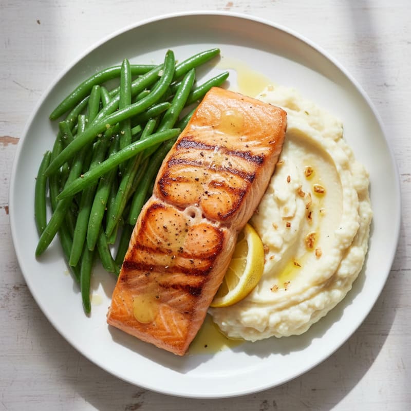 Seared Salmon with Steamed Green Beans and Garlic Mashed Cauliflower