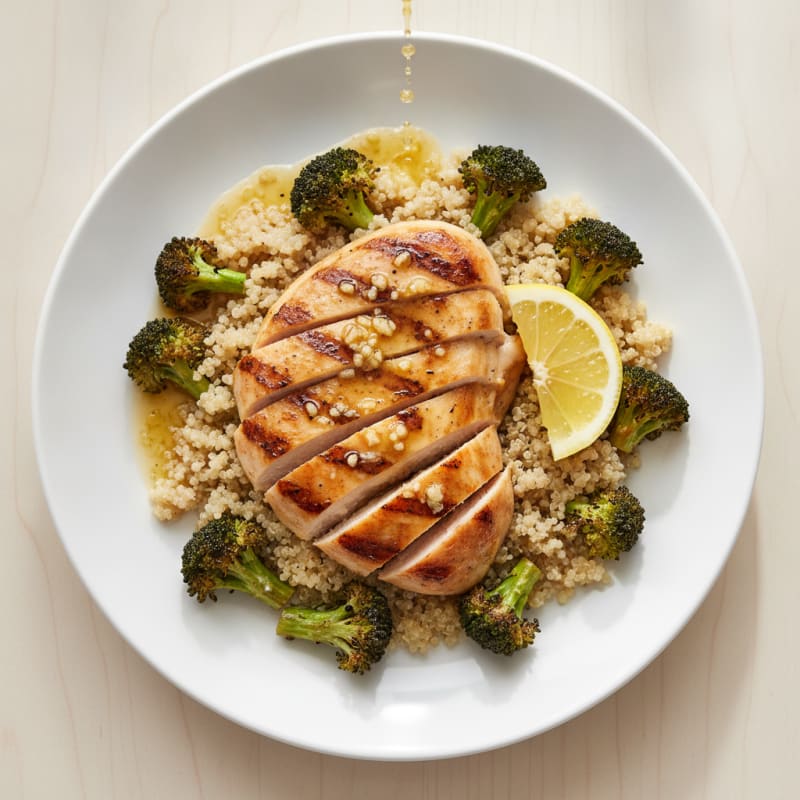 Grilled Lemon Garlic Chicken Breast with Quinoa and Roasted Broccoli