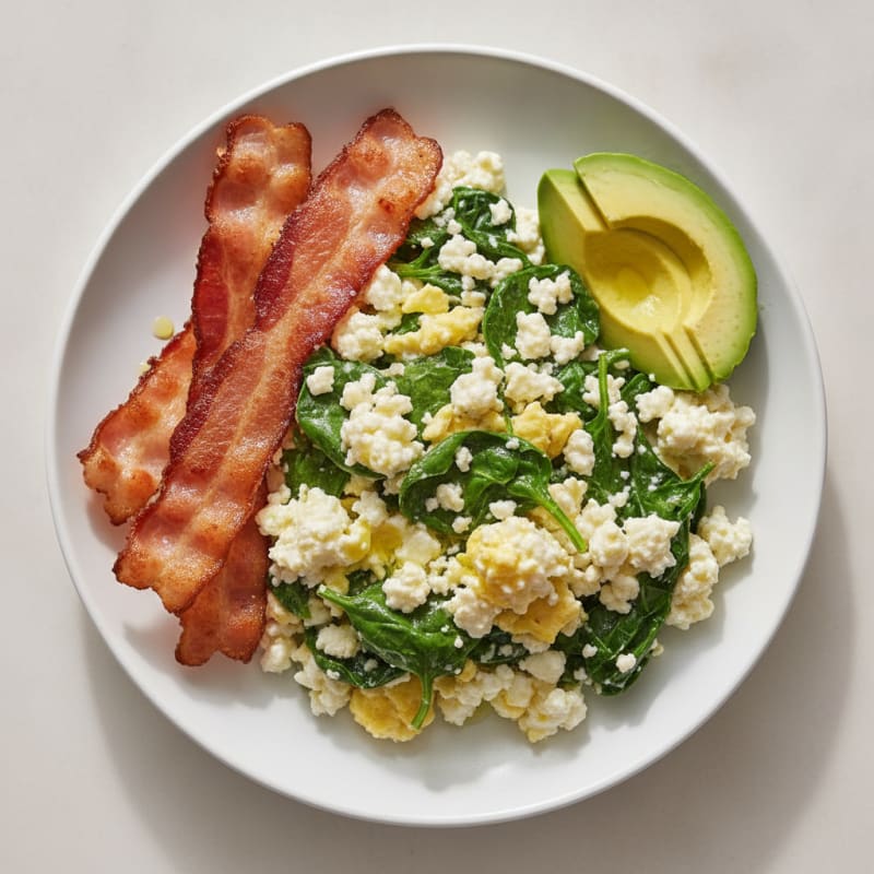Cottage Cheese Scramble with Spinach and Turkey Bacon