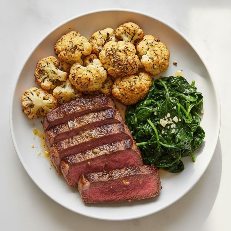 Seared Beef Sirloin with Herb-Roasted Cauliflower and Sautéed Spinach