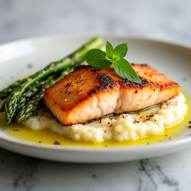Seared Salmon with Steamed Asparagus and Garlic Cauliflower Mash