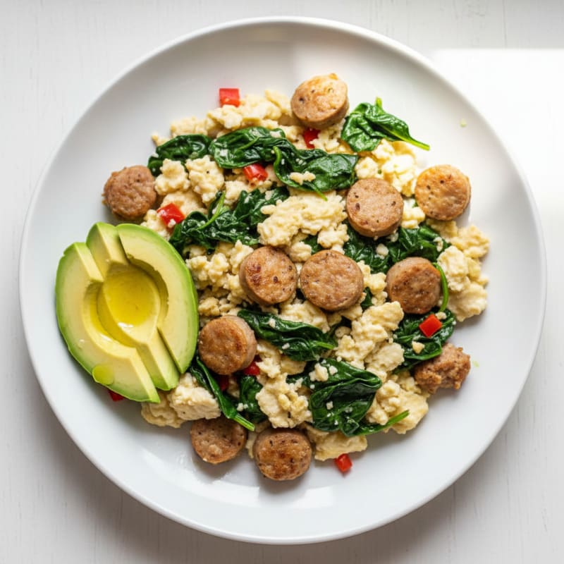 Egg White Scramble with Turkey Sausage and Sautéed Spinach