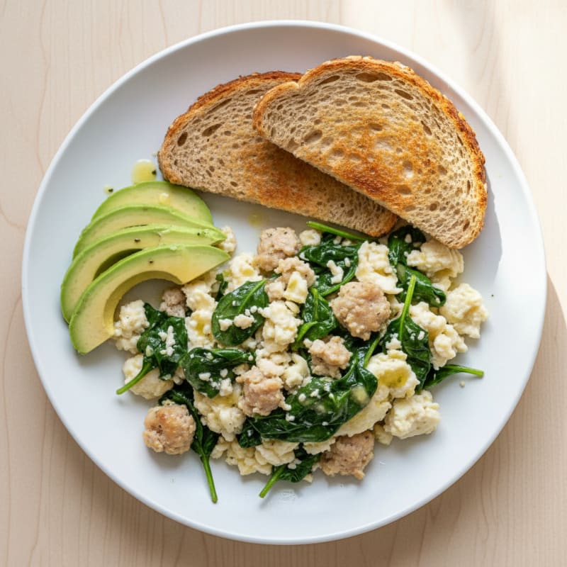 Egg White and Turkey Sausage Scramble with Sautéed Spinach