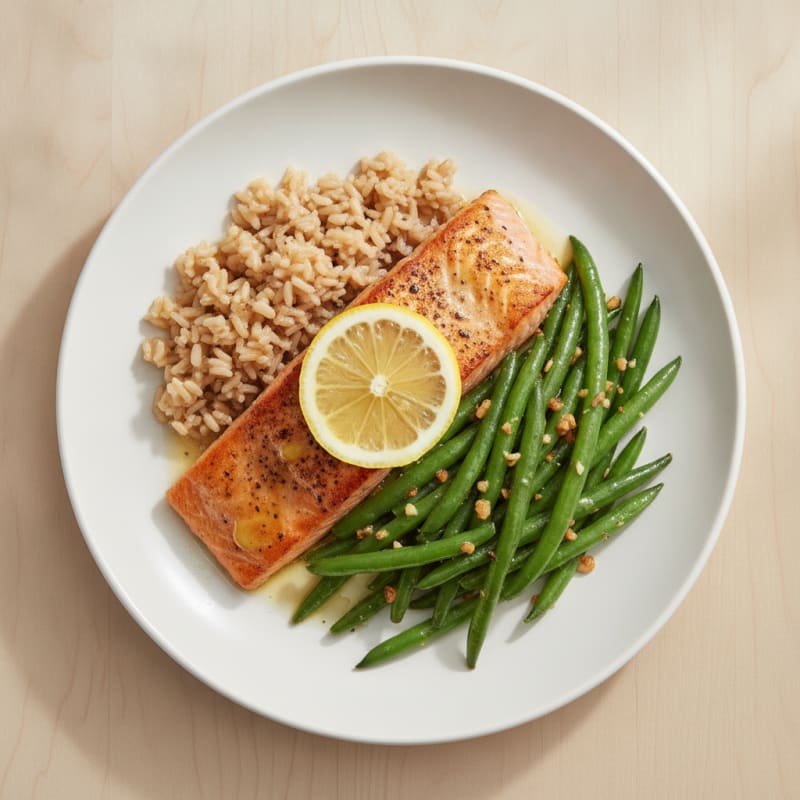 Seared Salmon Filet with Garlic Green Beans and Brown Rice