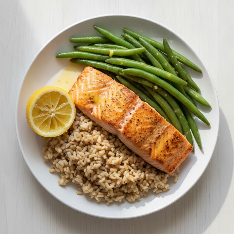 Seared Salmon with Steamed Green Beans and Brown Rice