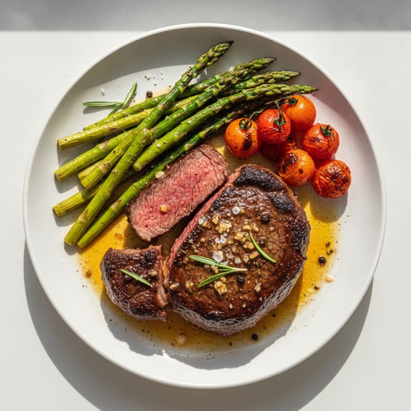 Pan-Seared Steak with Garlic Butter and Roasted Asparagus
