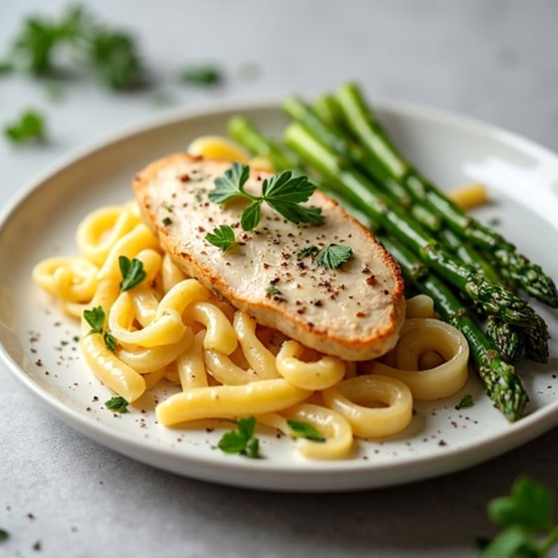 Creamy Lemon Herb Chicken Pasta with Roasted Asparagus