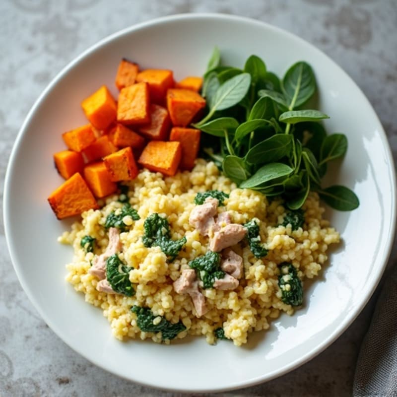 Egg White and Turkey Spinach Scramble with Roasted Sweet Potatoes