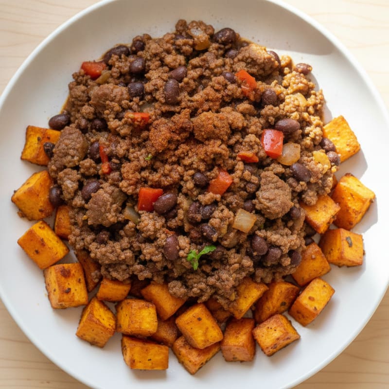 Lean Beef and Black Bean Skillet with Roasted Sweet Potatoes
