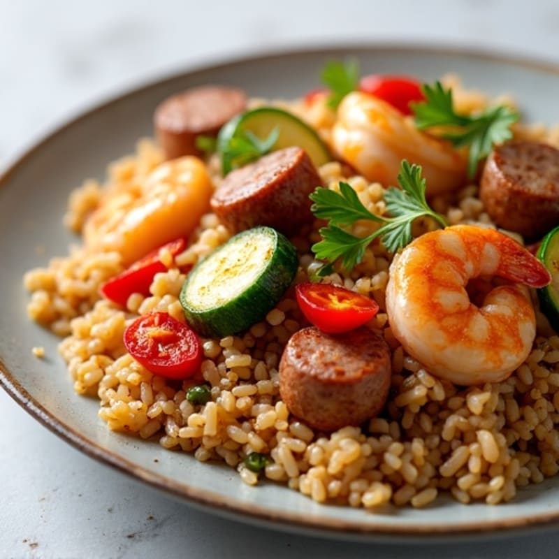 Savory Chicken, Shrimp, and Sausage Skillet with Brown Rice and Fresh Vegetables