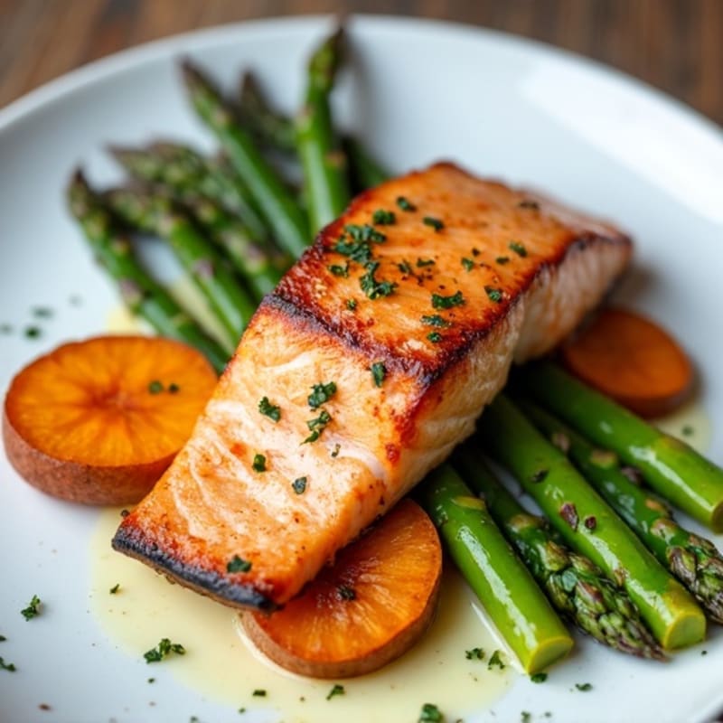 Seared Salmon Fillet with Roasted Asparagus and Sweet Potato