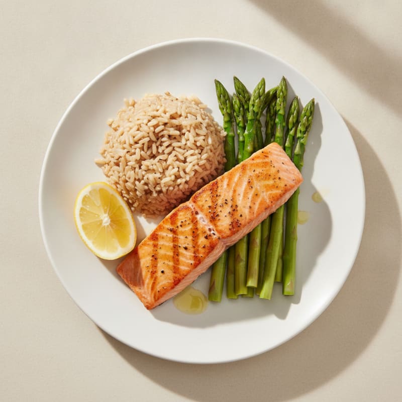 Seared Salmon Fillet with Steamed Asparagus and Brown Rice