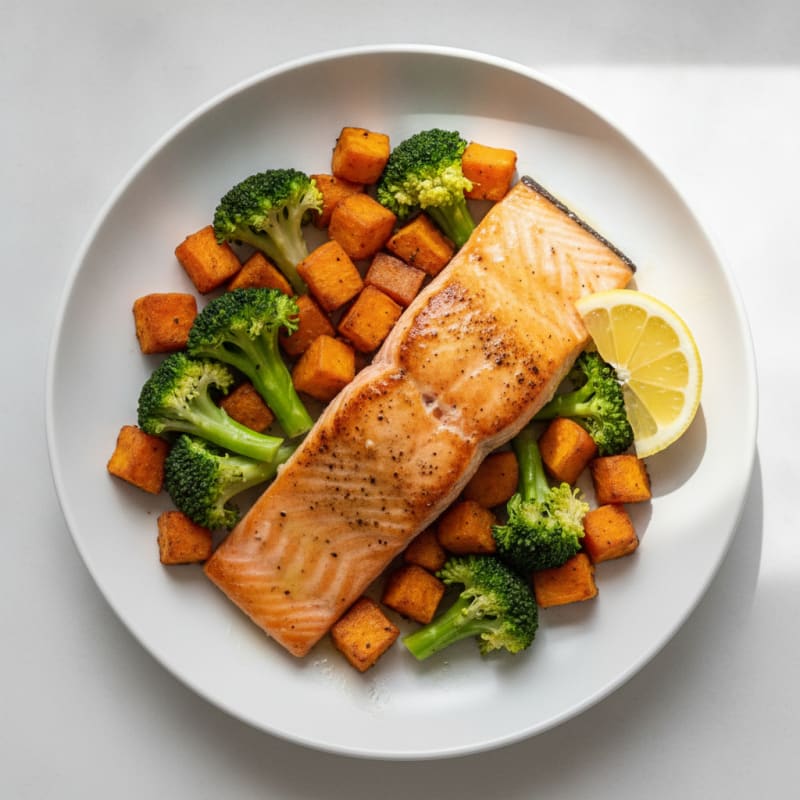 Seared Salmon with Roasted Sweet Potato and Steamed Broccoli