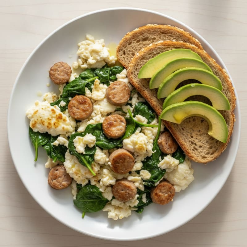 Egg White Scramble with Turkey Sausage and Sautéed Spinach