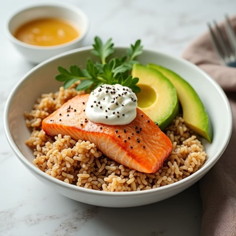 Fresh Salmon and Avocado Rice Bowl with Creamy Sesame Dressing