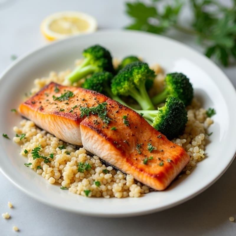 Seared Garlic Herb Salmon with Steamed Broccoli and Quinoa