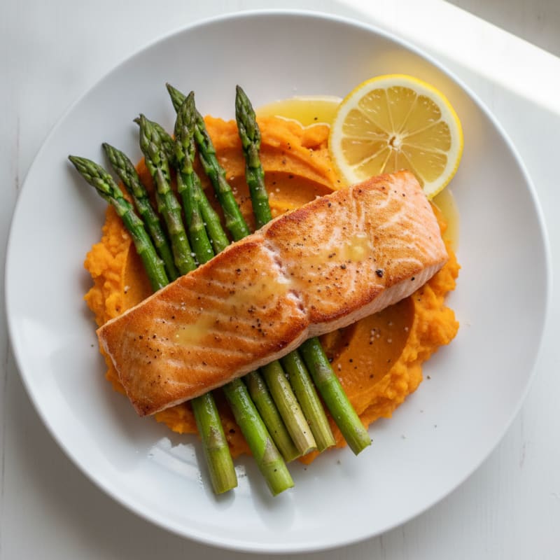 Seared Salmon Fillet with Roasted Asparagus and Sweet Potato Mash