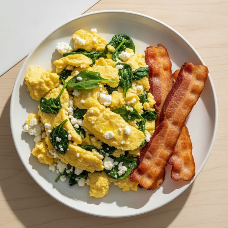 Cottage Cheese Egg Scramble with Spinach and Turkey Bacon