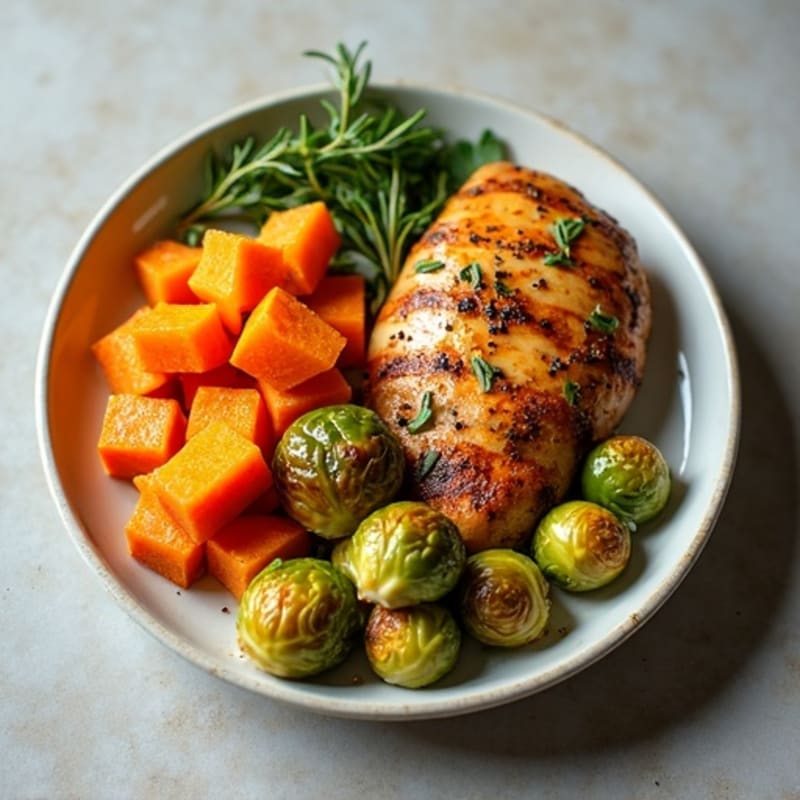Roasted Sweet Potato and Chicken with Crispy Brussels Sprouts