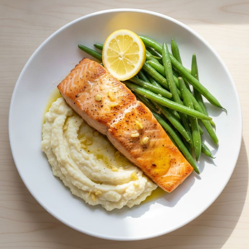 Seared Salmon with Garlic Green Beans and Cauliflower Mash