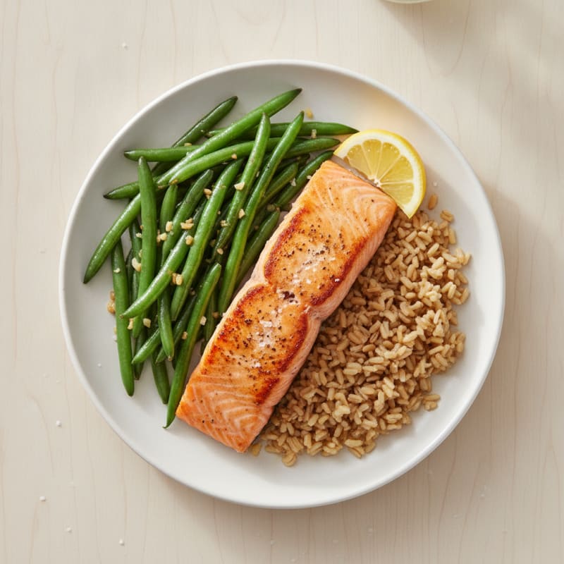 Seared Salmon with Garlic Green Beans and Brown Rice