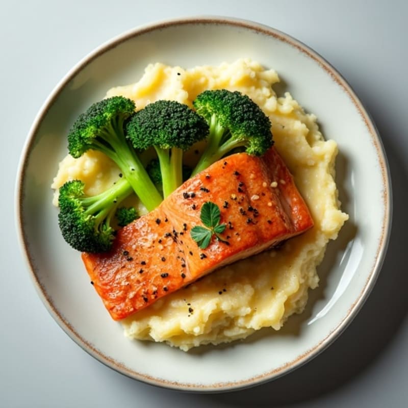 Seared Salmon with Roasted Broccoli and Garlic Mash