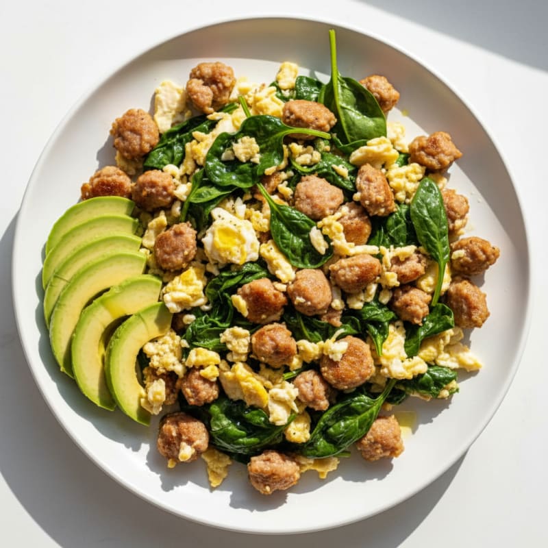 Egg White and Turkey Sausage Scramble with Baby Spinach