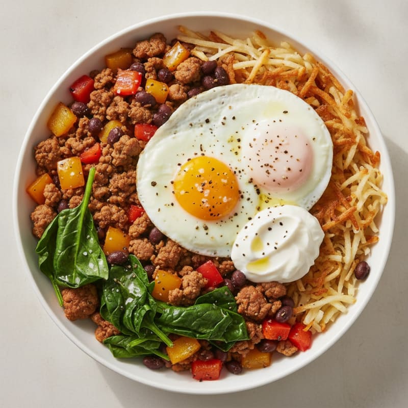Eggs, Hash Browns, and Veggie Breakfast Bowl