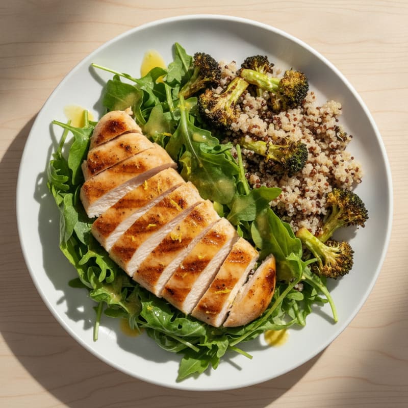 Grilled Chicken Breast Salad with Quinoa and Roasted Broccoli
