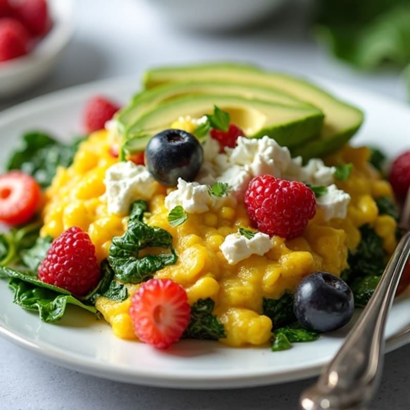 Egg White Spinach Scramble with Cottage Cheese and Fresh Berries