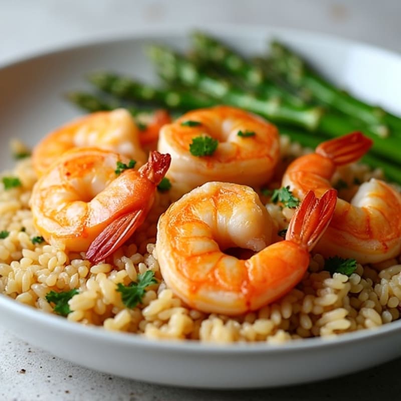 Lemon Garlic Pan-Seared Shrimp with Fluffy Brown Rice and Roasted Asparagus