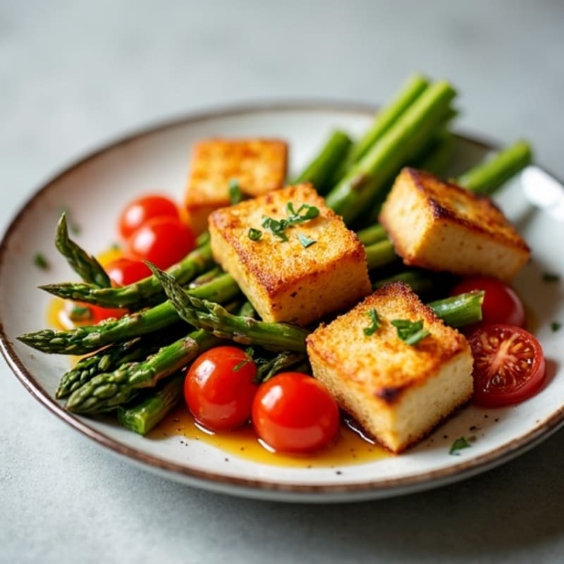 Crispy Baked Tofu with Roasted Asparagus and Cherry Tomatoes