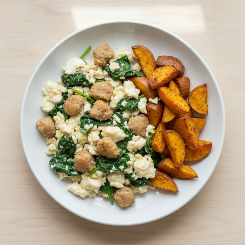 Egg White and Chicken Sausage Scramble with Spinach and Roasted Sweet Potatoes