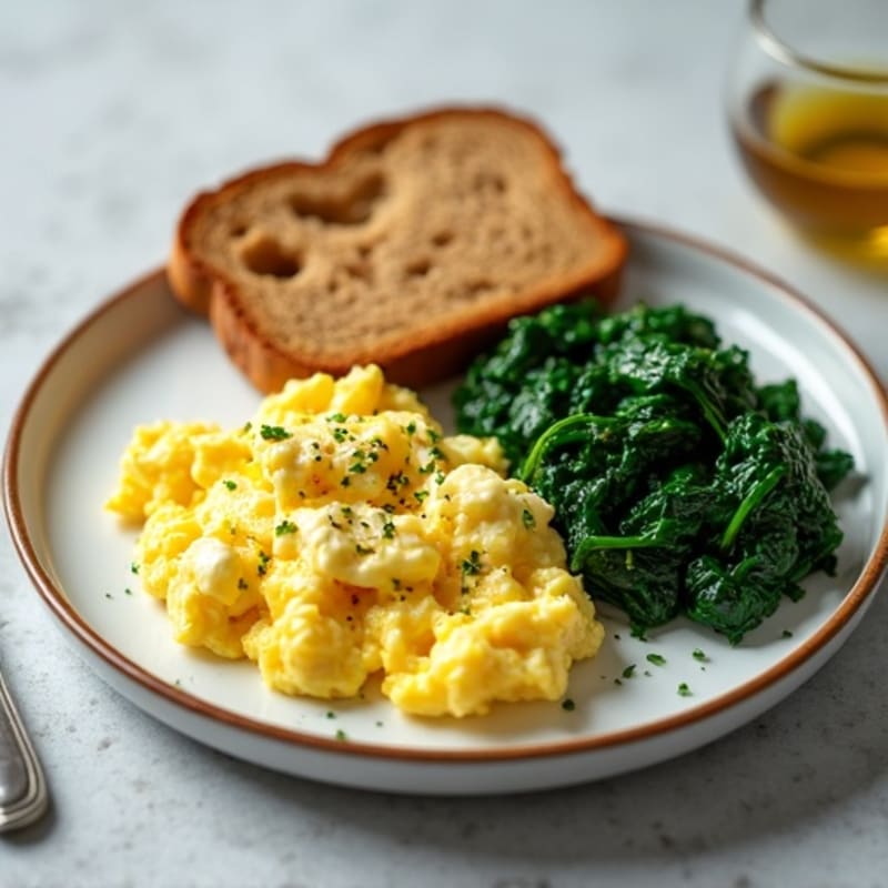 Scrambled Eggs with Cottage Cheese and Sautéed Spinach